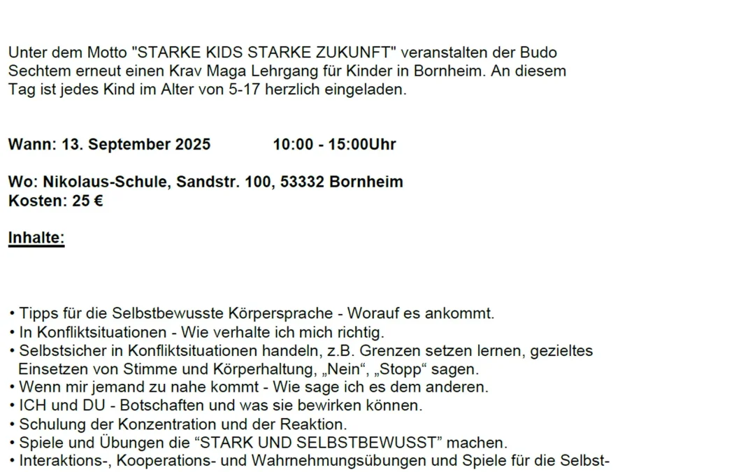 Selbstbehauptungslehrgang für Kinder am 13. September 2025 in Bornheim