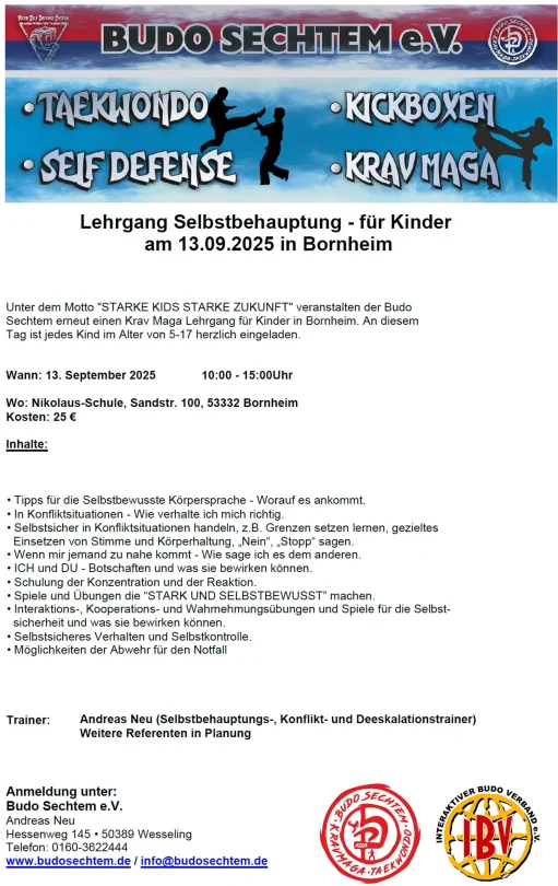Lehrgang Selbstbehauptung für Kinder des Budo Sechtem e.V. am 13. September 2025 in Bornheim