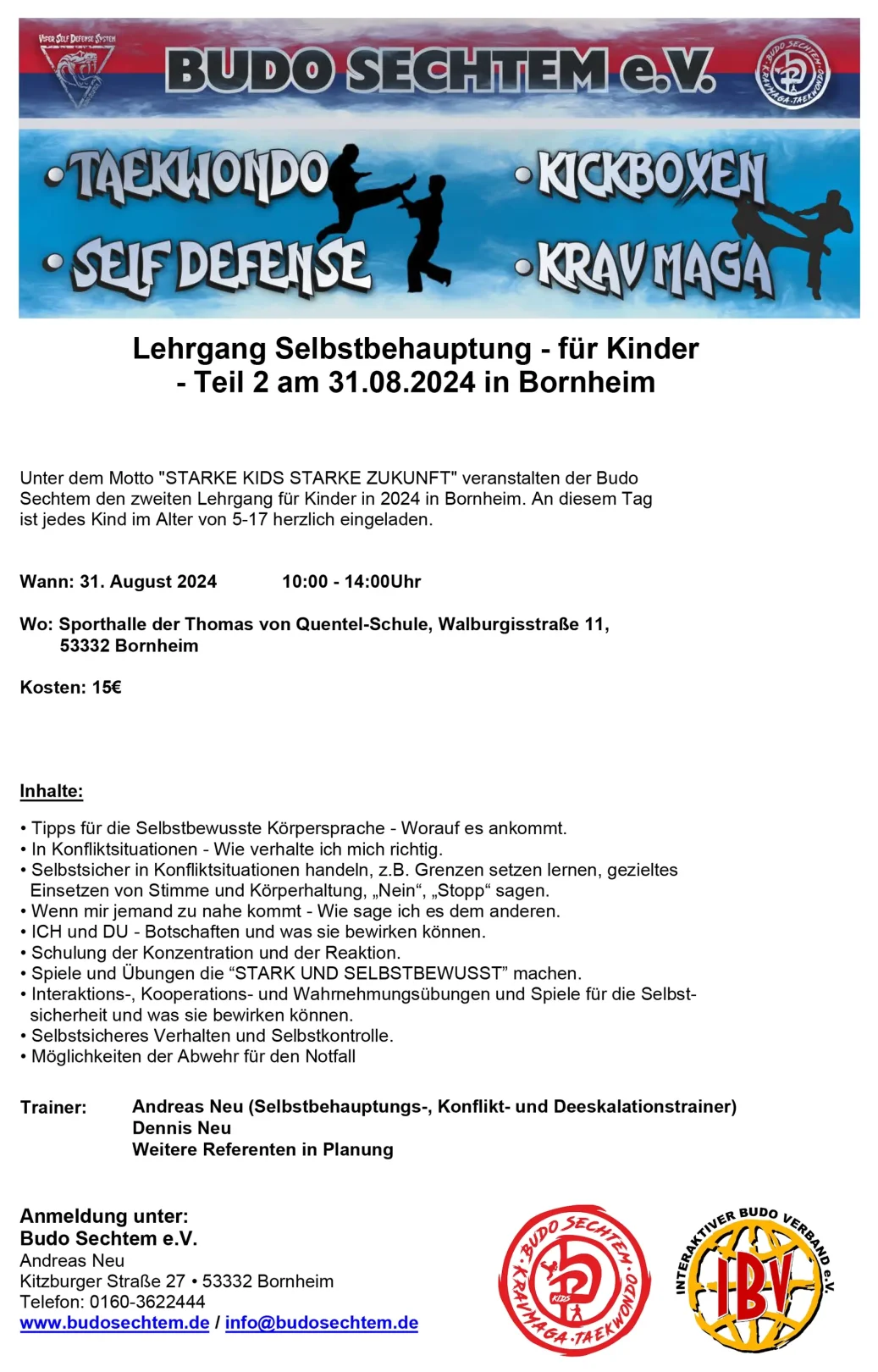 Selbstbehauptungstraining für Kinder des Budo Sechtem e.V. am 31. August 2024 in Bornheim