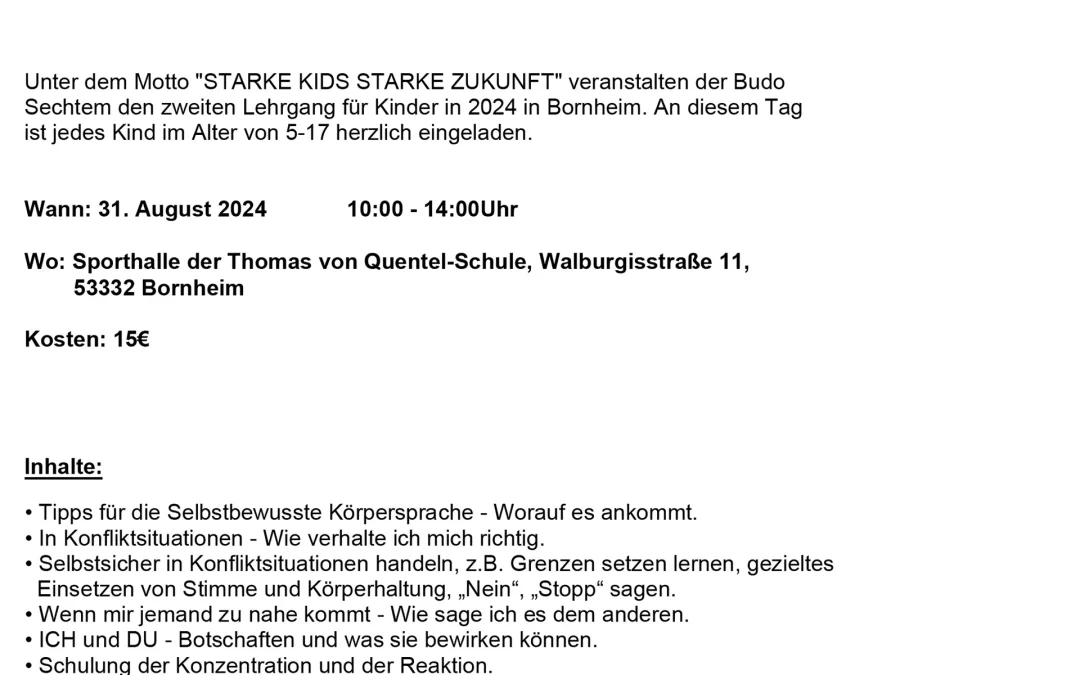 Lehrgang Selbstbehauptung – für Kinder -Teil 2 am 31.08.2024 in Bornheim